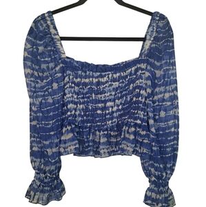Zara Blue and White Smocked Puff Sleeve Blouse Medium